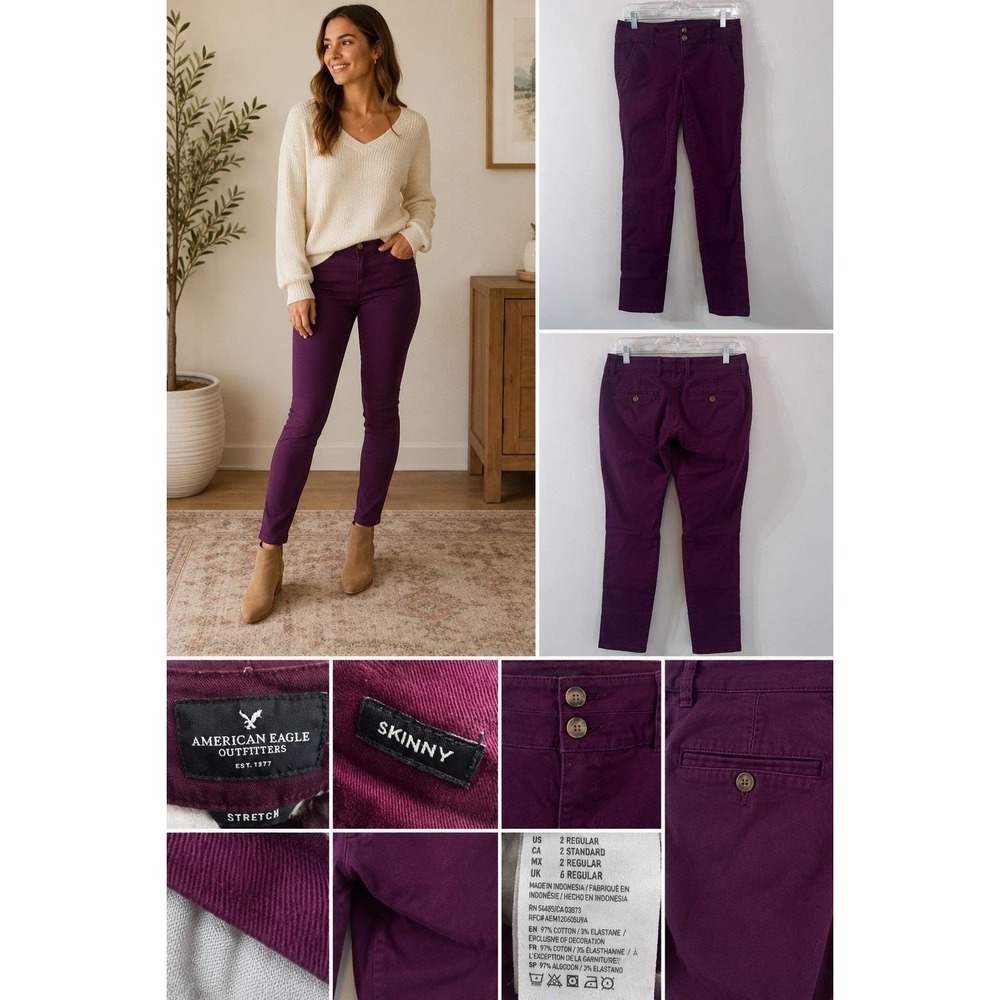 American Eagle Skinny Pants Womens 2 Regular Purple Stretch Chino Casual - Picture 1 of 11